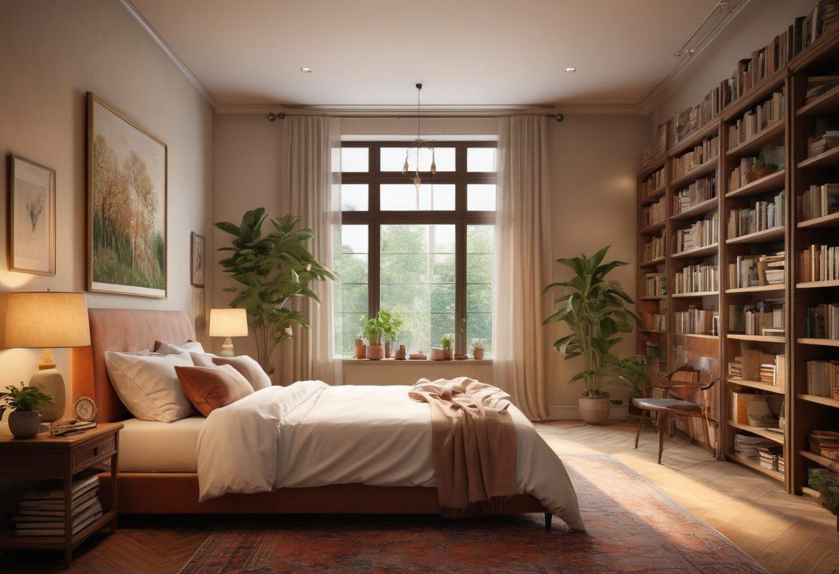 A captivating scene depicting a serene bedroom atmosphere with soft lighting and rich textures. Include a couple engaged in a tender moment, surrounded by books about intimacy and well-being. The room should be adorned with lush plants and soothing colors, inviting a sense of calm and connection. Artistic elements should evoke passion and knowledge intertwined. warm tones, realistic, romantic style.