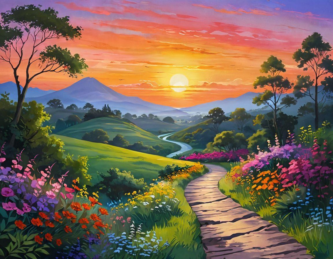 A serene landscape symbolizing a journey, featuring a winding path leading through lush greenery and blooming flowers towards a distant, glowing horizon. Along the path, subtle hints of adult content elements can be found, like playful shadows and soft abstract shapes, symbolizing enlightenment and self-discovery. Include peaceful skies with warm colors transitioning from day to night, representing a journey from blogging to bliss. painting. vibrant colors. peaceful ambiance.